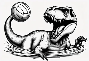 silly happy t rex in a pool wearing water polo cap tattoo idea