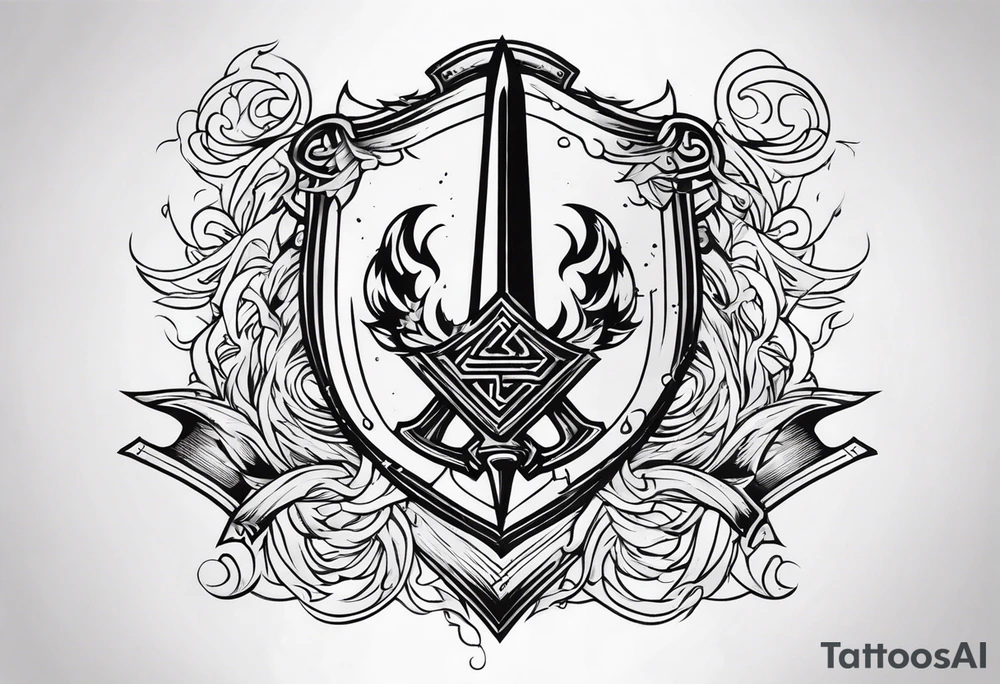 Valhalla shield valknut sword axe flames cloud tattoo idea Valhalla shield valknut sword axe flames cloud tattoo idea