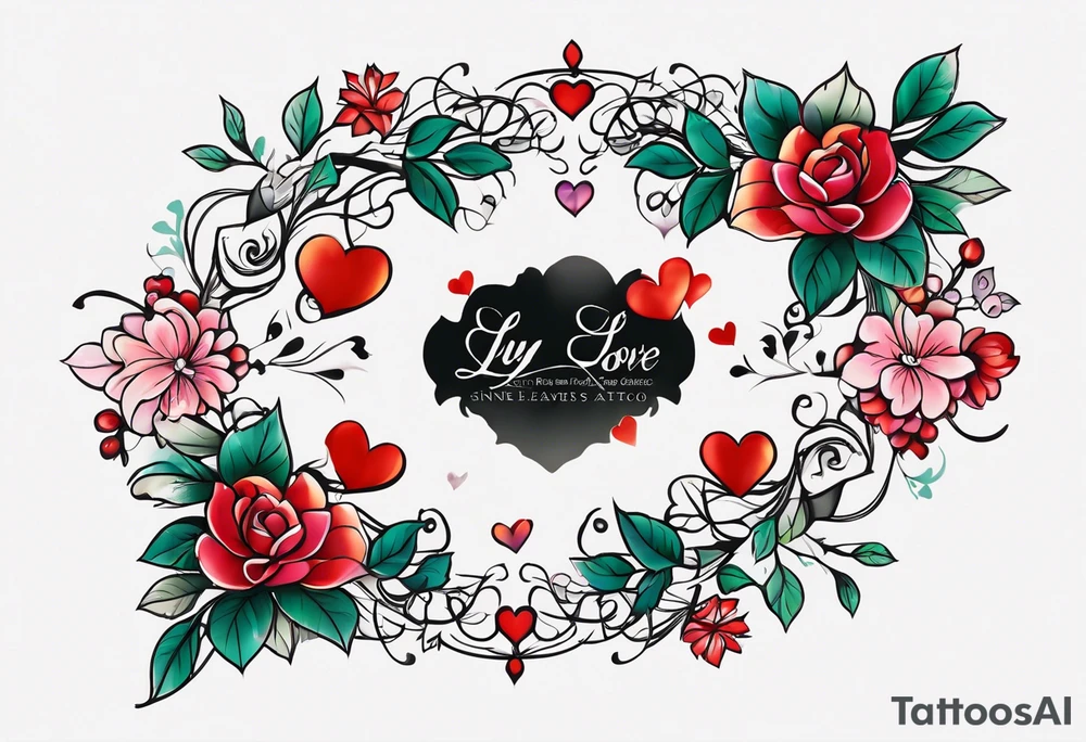 love love love love love love love connected into an armband by ivy leaves and nine hearts tattoo idea