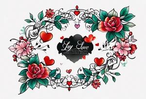 love love love love love love love connected into an armband by ivy leaves and nine hearts tattoo idea