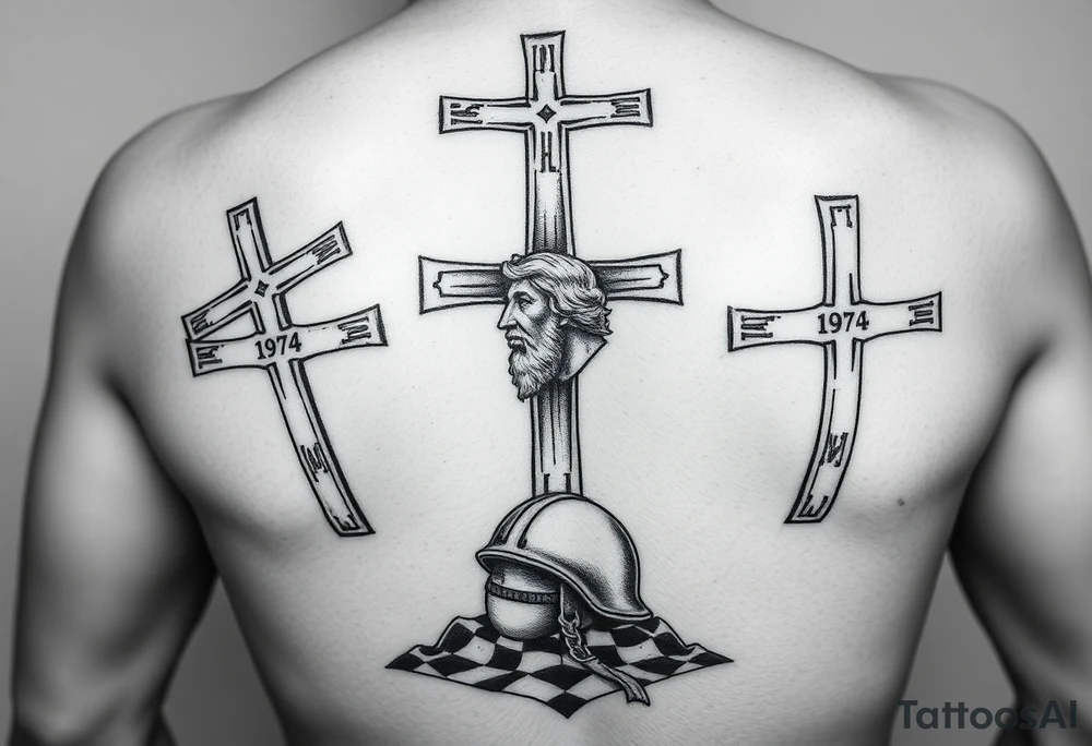Three crosses the center one being longer than the others a soldier helmet on the ground in the middle of the crosses Jesus side profile behind it with 1974 in Roman numerals in the middle of the three crosses tattoo idea