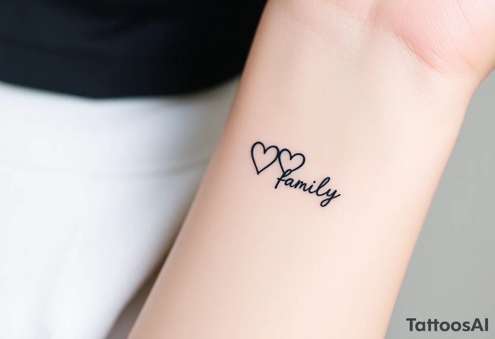 A minimalist infinity symbol with three hearts including word "family" tattoo idea