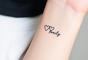 A minimalist infinity symbol with three hearts including word "family" tattoo idea