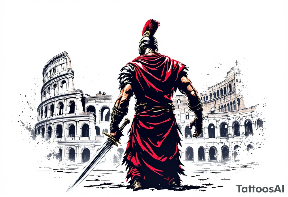 Roman gladiator from behind holding a broadsword in front of the Colliseum arena tattoo idea
