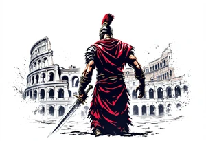 Roman gladiator from behind holding a broadsword in front of the Colliseum arena tattoo idea