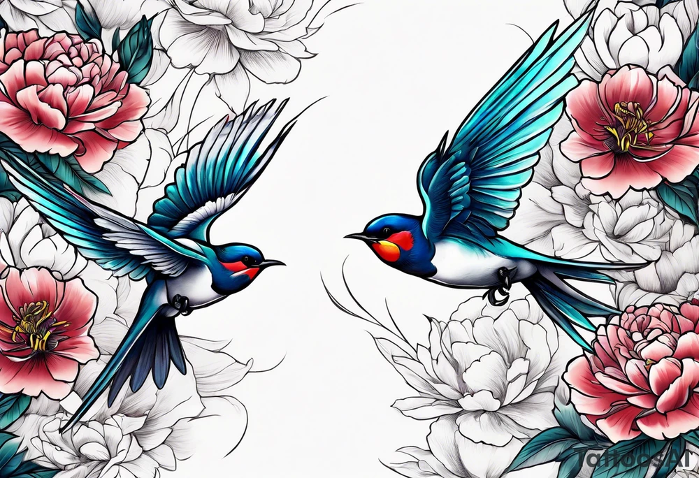Two swallows in flight with peonies tattoo idea