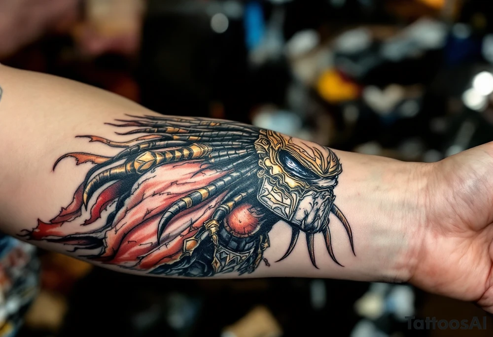 Ancient Elder Predator – A legendary leader of the Yautja race, with darkened, almost stone-like skin, ornate gold and silver armor, and a tattered ceremonial cape. Wears a highly decorated bio-mask passed down through generations. tattoo idea