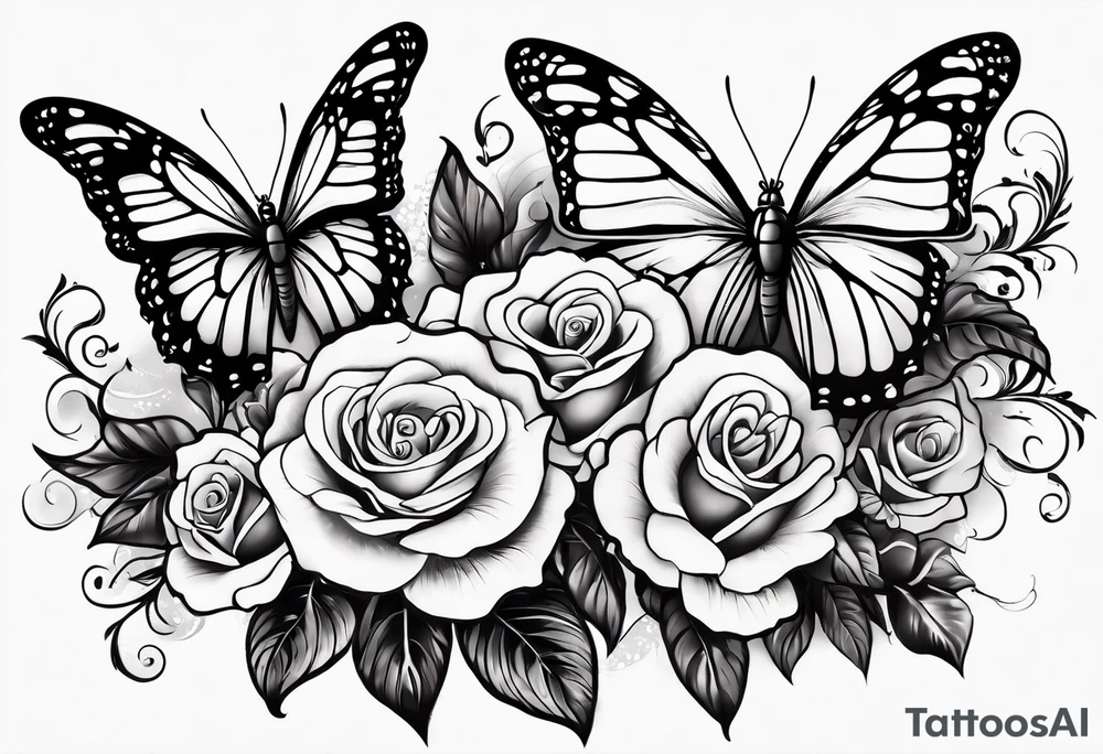 Butterfly flying with roses & filligree tattoo idea
