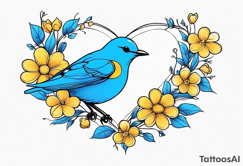 flowers bluebird bees heart shapes wrapped around a spine tattoo idea