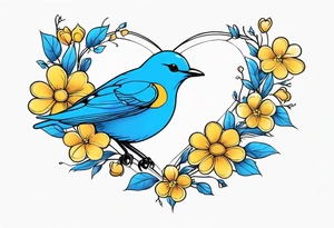 flowers bluebird bees heart shapes wrapped around a spine tattoo idea