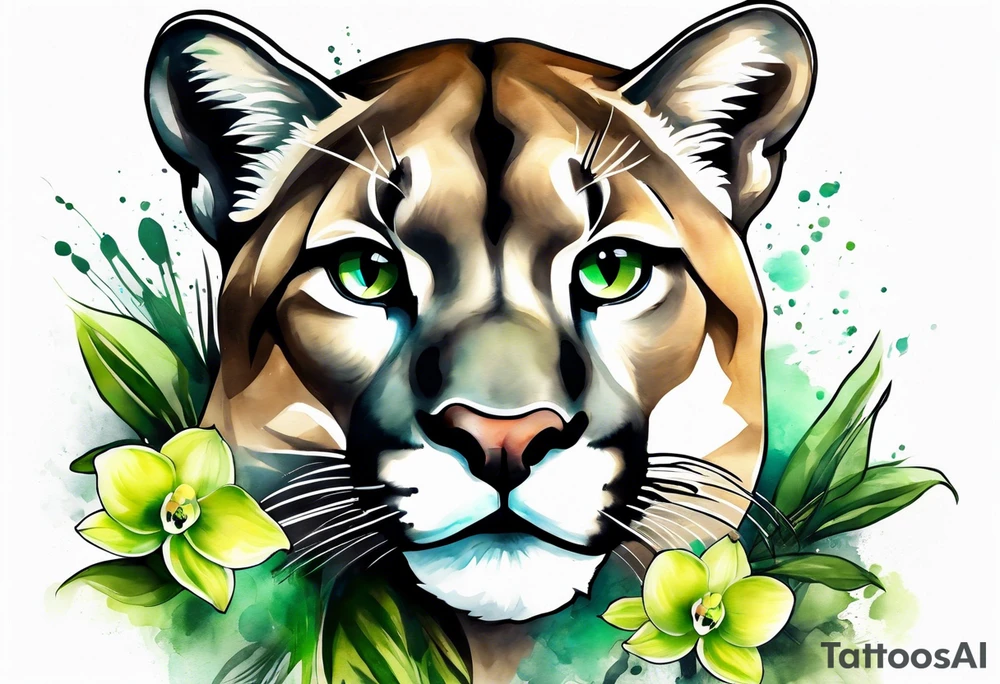 mountain lion with green orchids tattoo idea