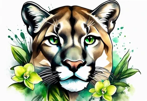 mountain lion with green orchids tattoo idea