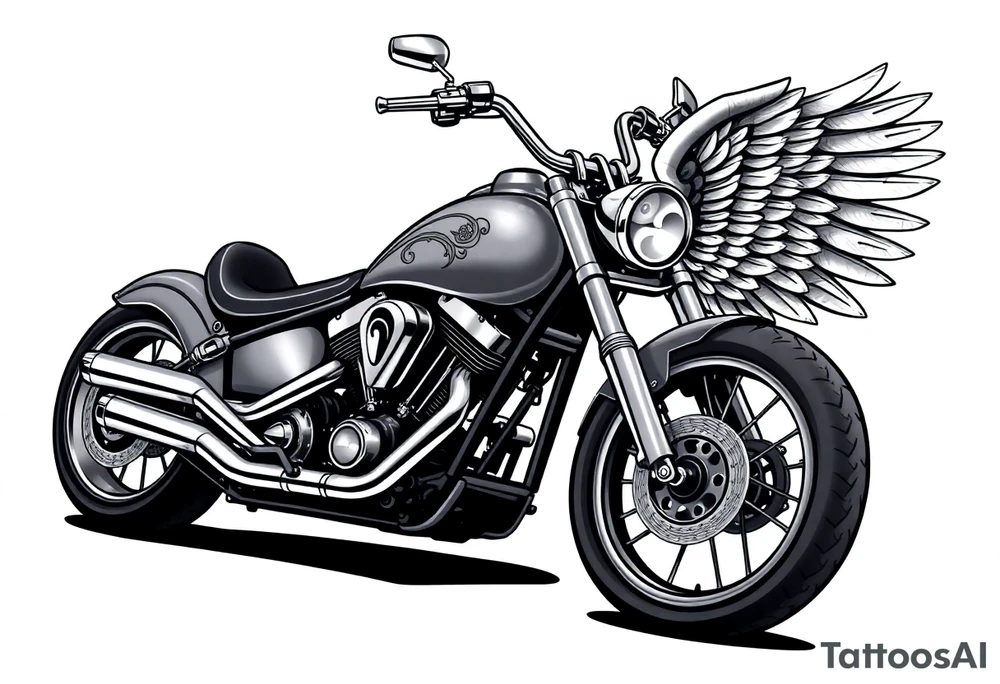 Low rider grey motorcycle, big muffler pipes with flames, angel wings, driving away, no person tattoo idea