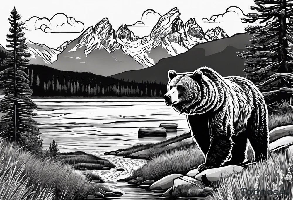 Grizzly bear line with grand Teton mountain tattoo idea