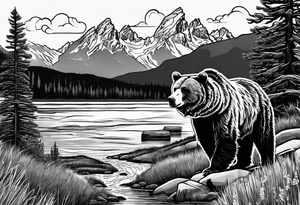 Grizzly bear line with grand Teton mountain tattoo idea