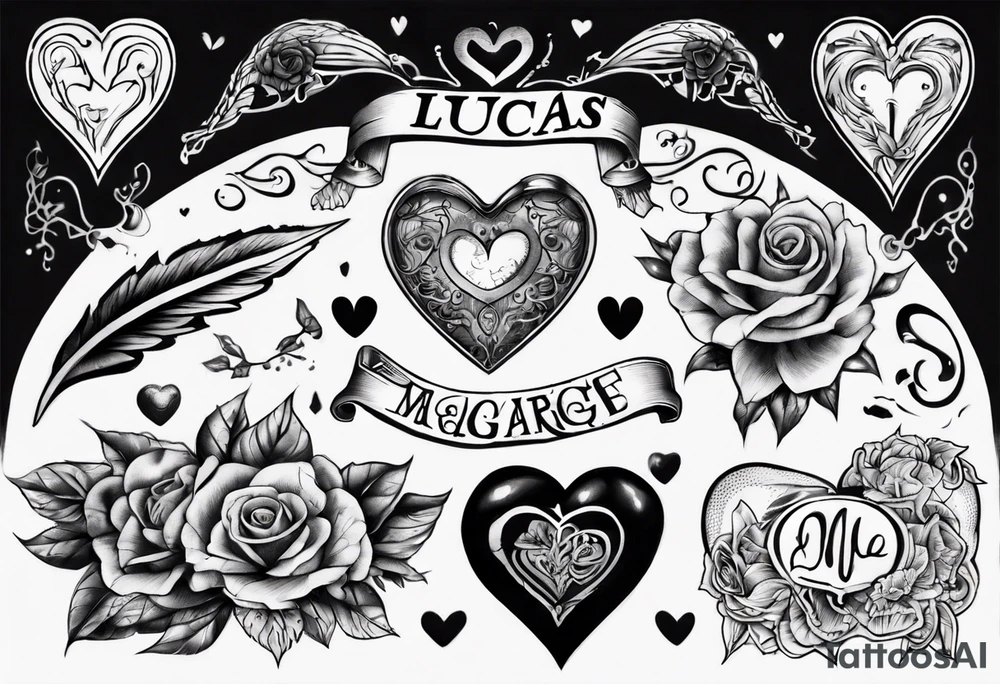 A black heart with the words Lucas and Margaret tattoo idea