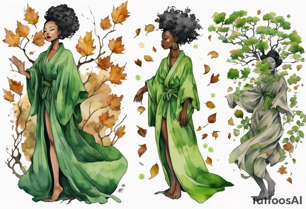 a tree that sprouts into a beautiful black woman wearing a green robe, arms reaching up, her roots spreading wide into a field of fallen leaves tattoo idea