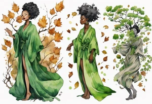 a tree that sprouts into a beautiful black woman wearing a green robe, arms reaching up, her roots spreading wide into a field of fallen leaves tattoo idea