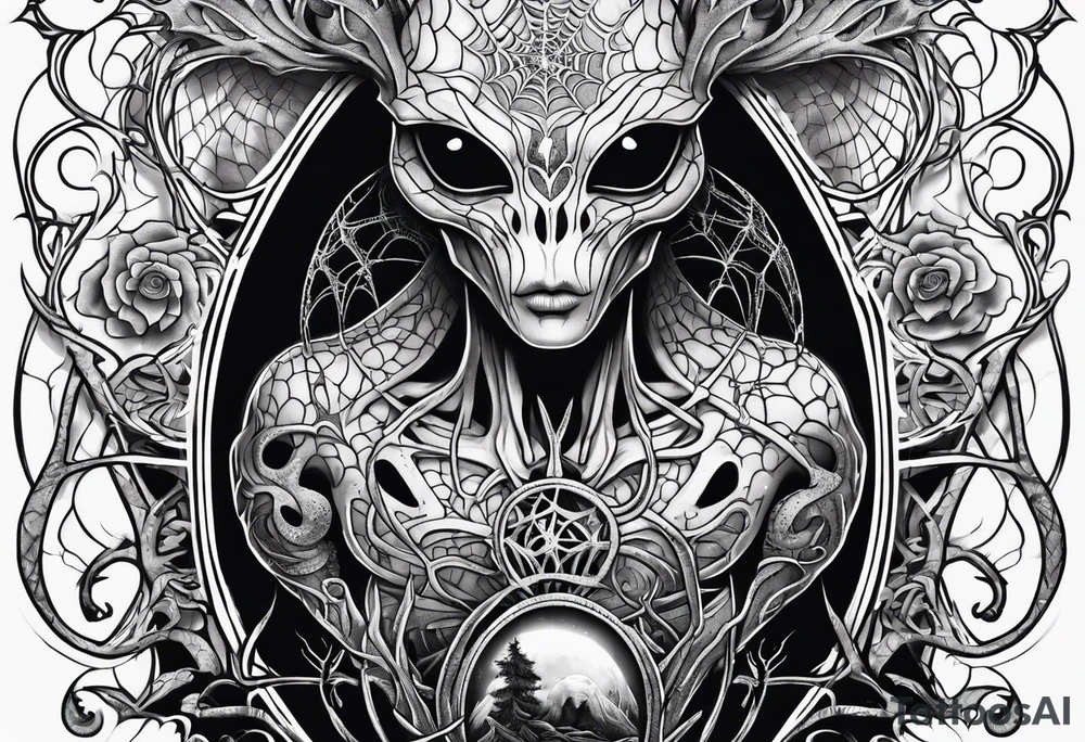 Funny Alien surrounded by spiderwebs and dead trees tattoo idea