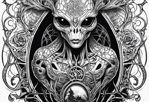 Funny Alien surrounded by spiderwebs and dead trees tattoo idea