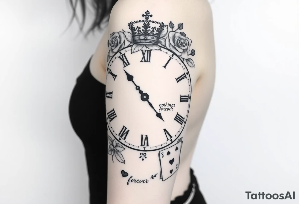 Roman clock with roses and a crown,  a quote that says nothings forever. and on the bottom a deck of cards tattoo idea