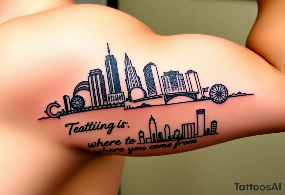 I want you to create me a tattoo that says “don’t forget where you come from” and under that I want to Cleveland skyline the Cleveland Cavaliers logo, the Cleveland Browns logo and the Cleveland Indians logo underneath that I want it to say “getting to where you’re going” and under that I want the Houston skyline and behind the Houston skyline I want The Houston Rockets, the Houston, Texans and the Houston Astros logos tattoo idea