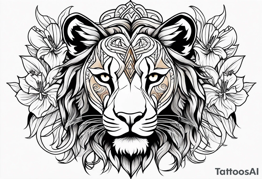 Tribal lioness with lilies tattoo idea