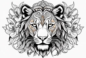 Tribal lioness with lilies tattoo idea