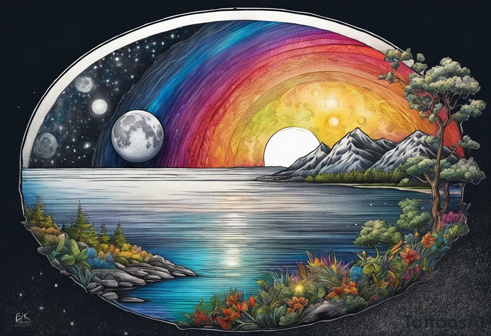 Full moon realistic, with one side rainbow edge tattoo idea
