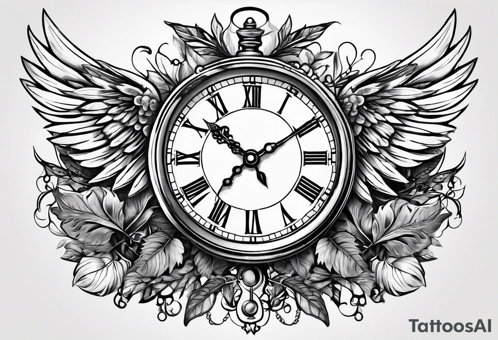 skeleton key wings clock leaves tattoo idea