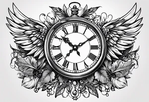 skeleton key wings clock leaves tattoo idea