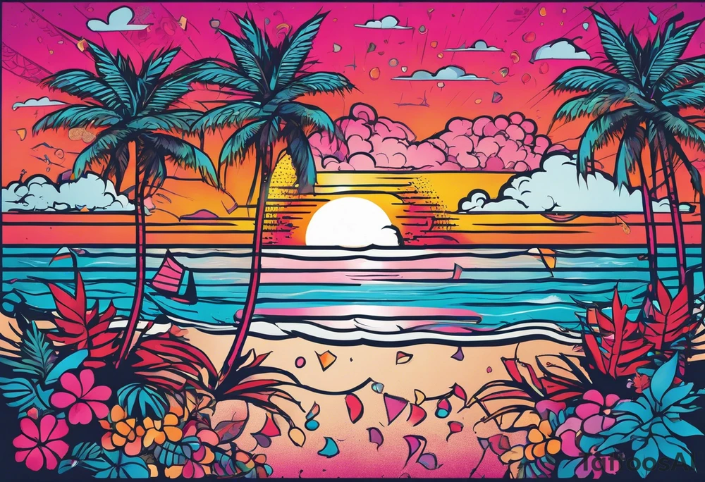 1980's miami vice style beach dance 
party, include confetti, music notes, boom box, bikinis sunset in the center tattoo idea