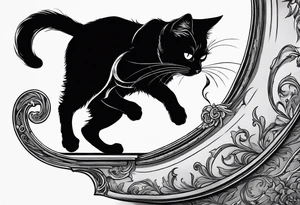 A black cat doing a kickflip while smoking a joint. tattoo idea