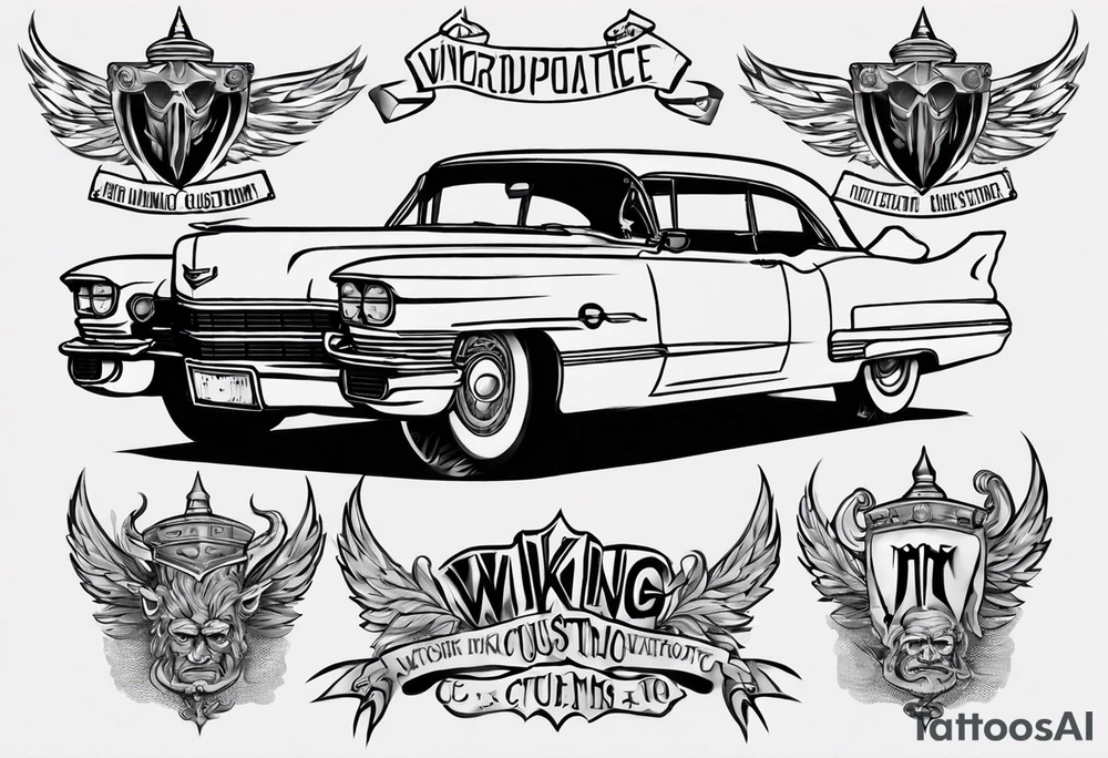 I want a tattoo of an old Cadillac car with the name “Viking Customs” incorporated in the design tattoo idea