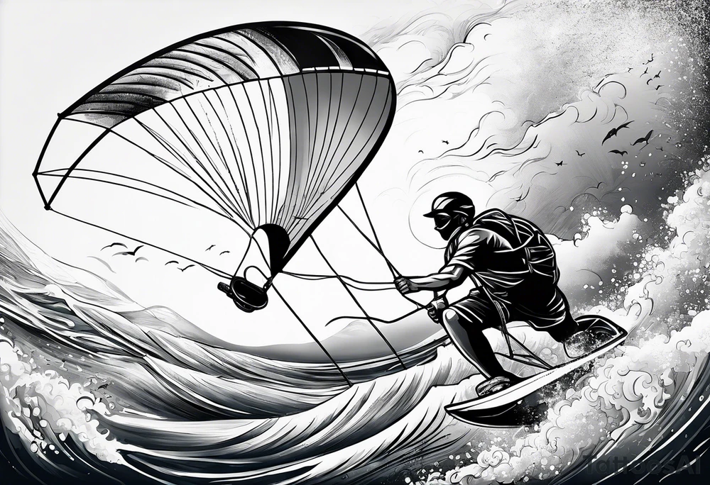 I want a very thin tattoo of a kitesurfer with a heart-shaped sail inflated by the wind. tattoo idea