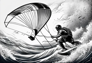 I want a very thin tattoo of a kitesurfer with a heart-shaped sail inflated by the wind. tattoo idea