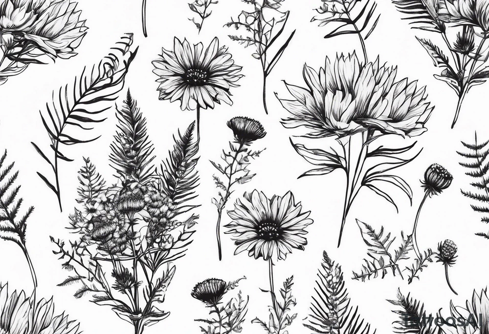 spread out mixed wildflower bouquet with ferns, thistle and with rcolor tattoo idea