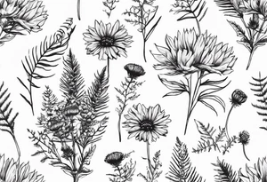 spread out mixed wildflower bouquet with ferns, thistle and with rcolor tattoo idea