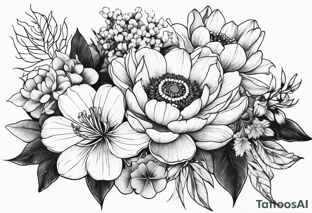 August, April & December Birth Flower Bouquet tattoo idea