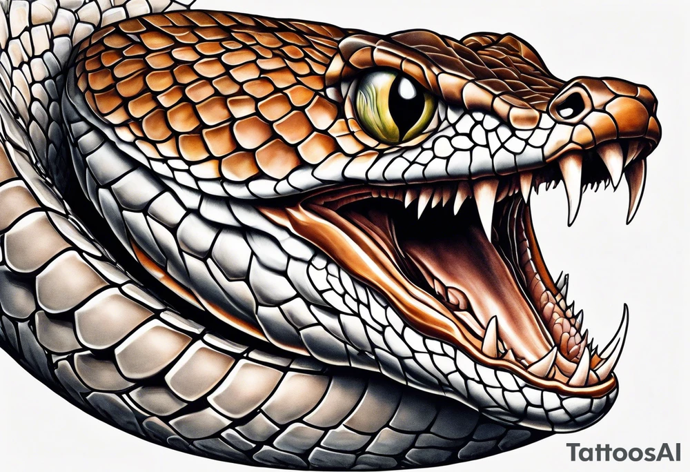 Copperhead coiled up with head turned up and mouth open and copper colored eyes tattoo idea