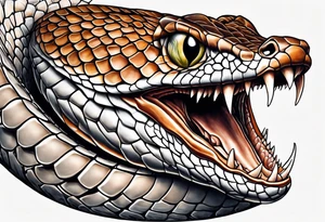Copperhead coiled up with head turned up and mouth open and copper colored eyes tattoo idea