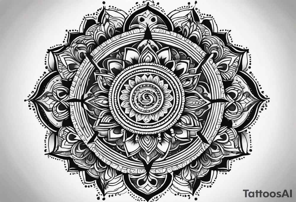 Mandala tattoo that incorporates yin and yang and music tattoo idea