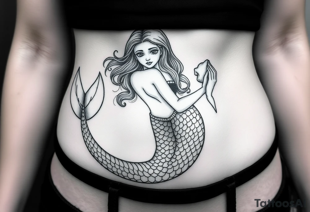 Full body mermaid with face slightly turned holding a shell in hand sad face detailed sculpture like face tattoo idea