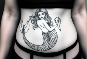 Full body mermaid with face slightly turned holding a shell in hand sad face detailed sculpture like face tattoo idea