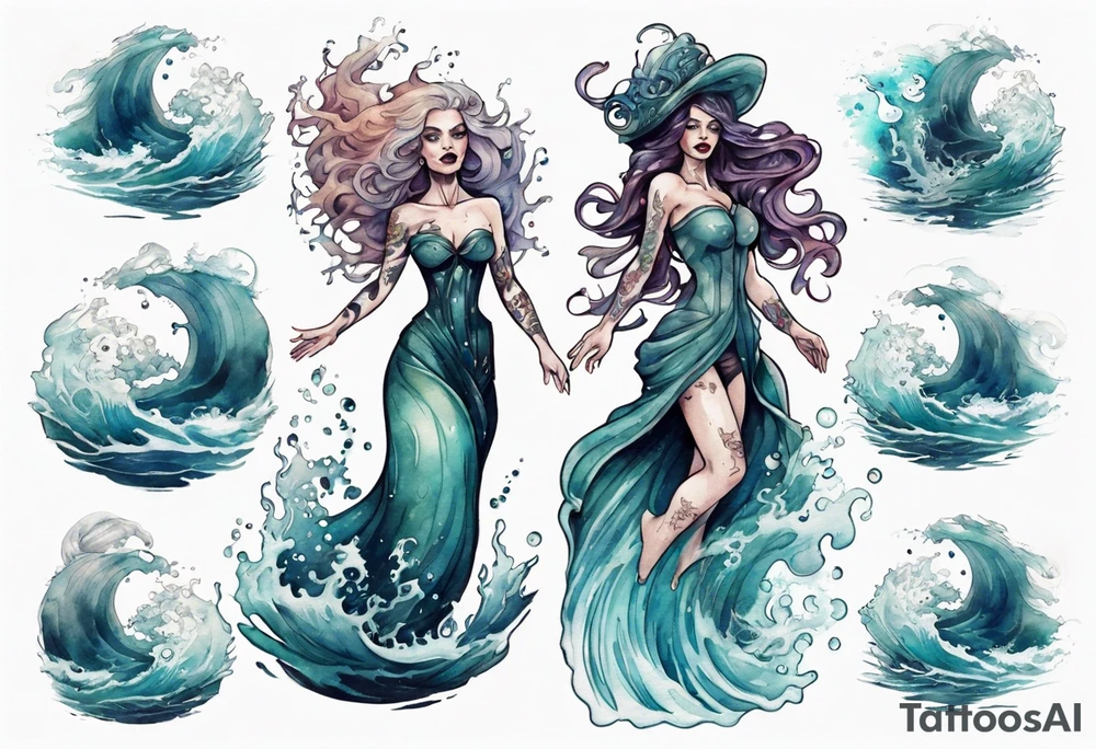 a beautiful sea witch standing in the sea surrounded by crashing waves tattoo idea