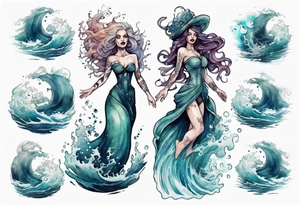a beautiful sea witch standing in the sea surrounded by crashing waves tattoo idea