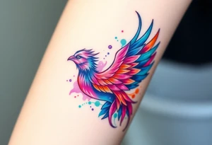 Phoenix in a fire with purple, blue, orange, teal and green splashes, looking upwards with a fierce eye. No black outline. tattoo idea
