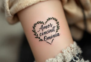 "Amor Vincit Omnia" (Love conquers all) in soft cursive lettering, placed inside a delicate heart made of olive branches, inked in charcoal black with touches of olive green. tattoo idea