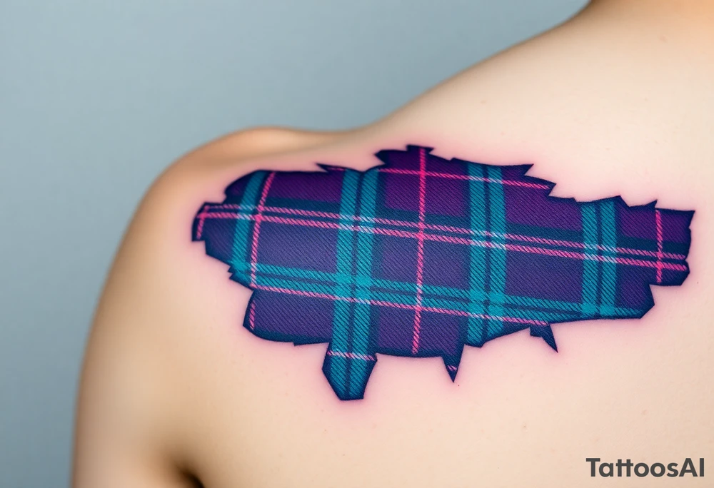 Side of arm Dark Purple with green pink blue and white highlights tartan fabric with skin peeling away at edges tattoo idea