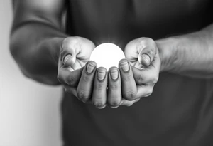 Two hands carefully holding a glowing orb of light, soft realistic shading, warm light radiating from the orb, black and gray tattoo style.” tattoo idea